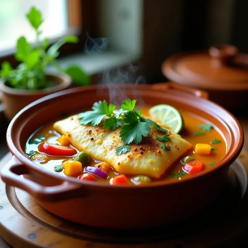 Cazuela de barro rústica con moqueca de pescado en salsa amarilla-naranja por el aceite de dendê, trozos de merluza jugosa, tomates, pimientos y cilantro fresco espolvoreado, servida sobre mesa de madera oscura.