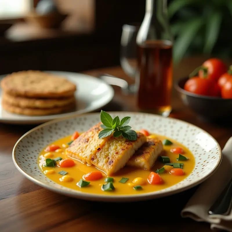 Cazuela de barro humeante con moqueca de pescado bahiana, filetes de merluza bañados en un guiso cremoso de leche de coco, tomate y cilantro, rodeados de pimientos rojos y verdes, servida con arroz blanco.