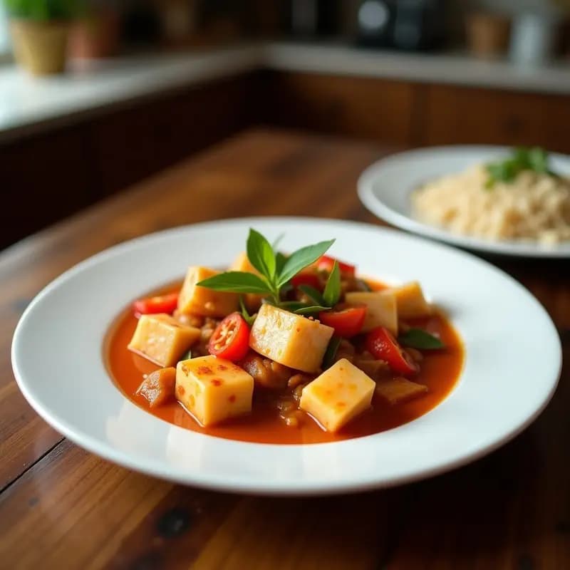 Plato hondo de barro con moqueca de pescado con coco y pimienta de dendê, filetes de merluza bañados en salsa cremosa de leche de coco y dendê, decorados con cilantro fresco y rodajas de limón verde, servido con arroz blanco.