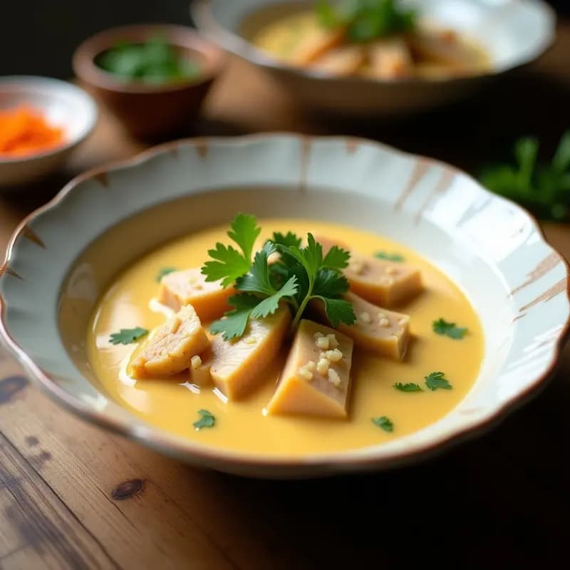 Plato hondo de barro con moqueca de pescado en salsa cremosa de leche de coco, decorado con cilantro fresco y rodajas de lima, servido con arroz blanco. Receta brasilera en olla rápida.