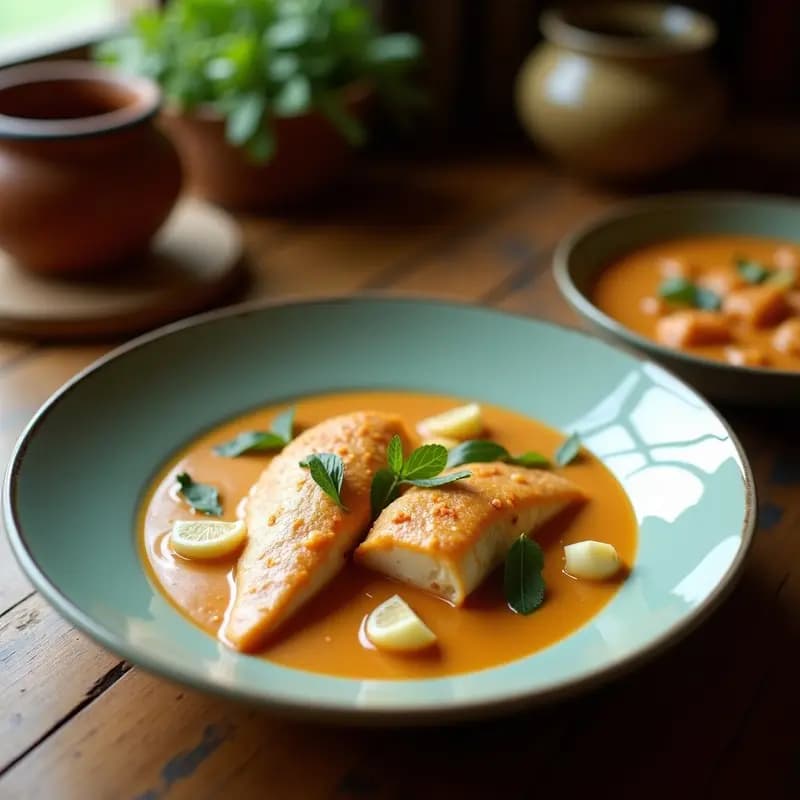Moqueca de pescado brasileña en cazuela de barro, con filetes de merluza bañados en una salsa dorada de leche de coco y aceite de dendê, acompañada de pimientos rojos y verdes, tomate y cilantro fresco.