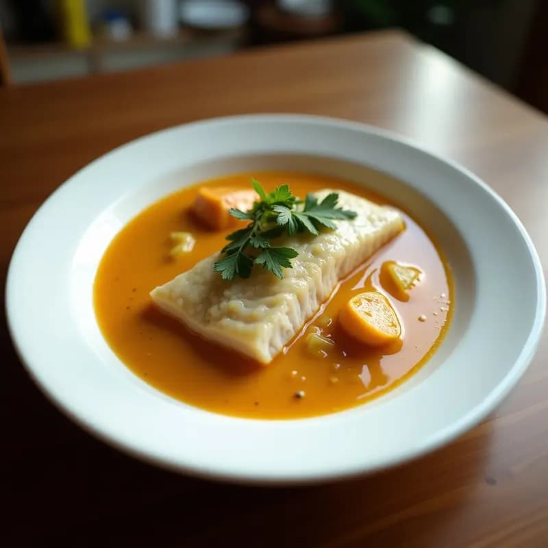 Olla de barro humeante con moqueca de pescado en salsa cremosa de leche de coco, decorada con trozos de mango, piña y cilantro fresco sobre un fondo rústico de madera.
