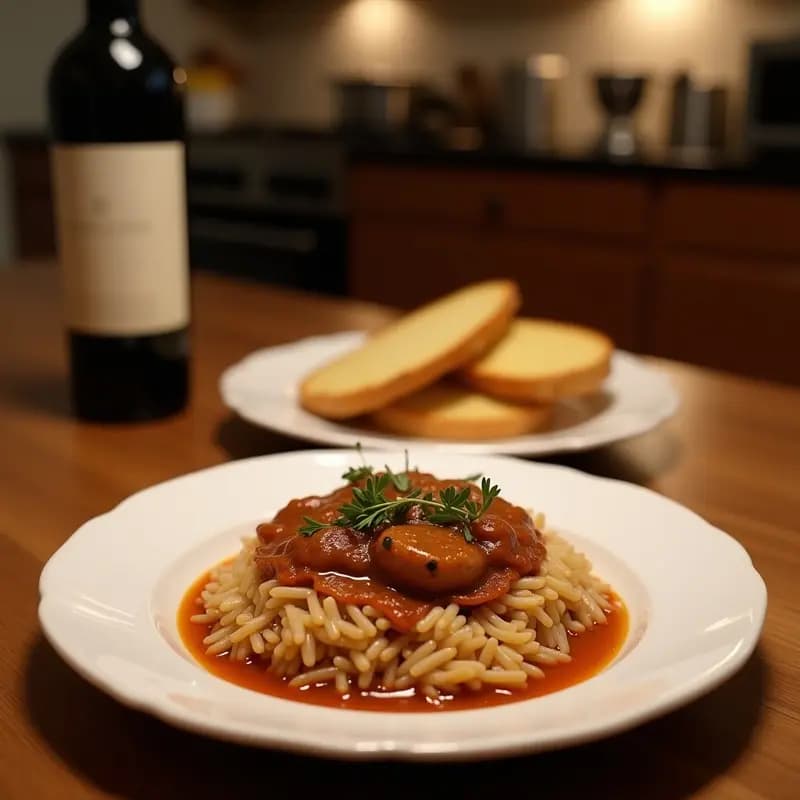 Plato de morcilla de arroz con cebolla tradicional de la Rioja Alta, dorada y crujiente por fuera, servida sobre un plato de barro con patatas cocidas y un fondo rústico de madera.