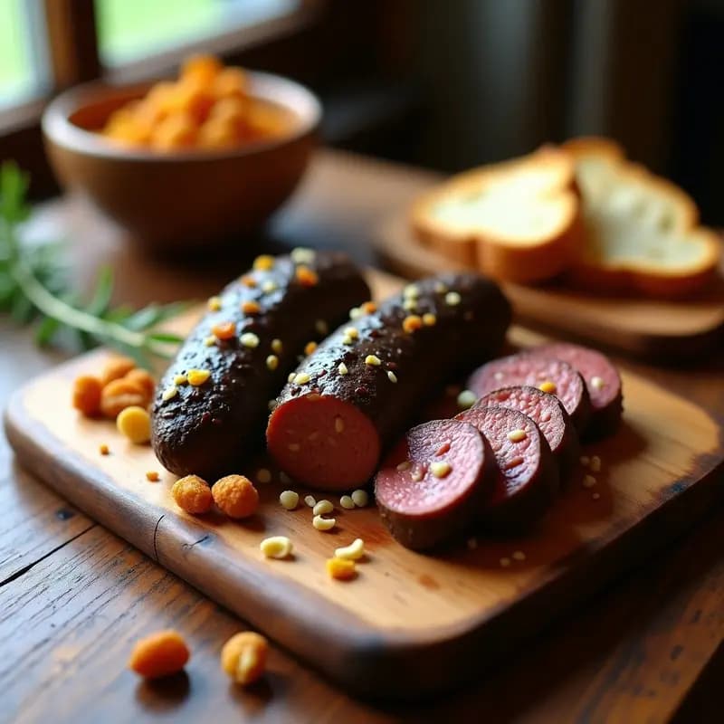 Rodajas gruesas de embutido de morcilla de arroz con pasas y piñones sobre tabla de madera rústica, con detalles de textura crujiente de piñones y dulzor de pasas, acompañadas de pan tostado.