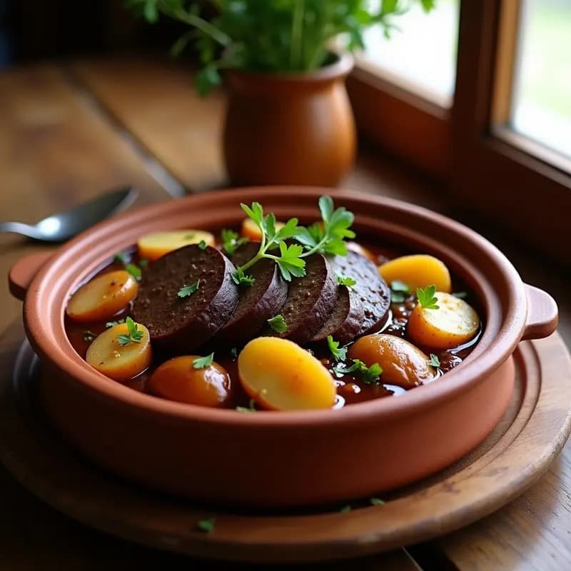 Cazuela de barro con morcilla de cebolla en rodajas sobre patatas panaderas doradas y cebolla caramelizada, receta tradicional castellana.