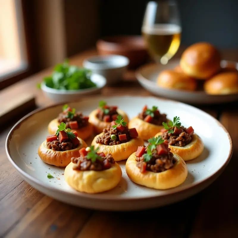 Plato blanco rústico con morcones de pringá rellenos de mezcla de carnes y huevo duro, espolvoreados con perejil fresco, aperitivo sevillano tradicional en tapa fría.