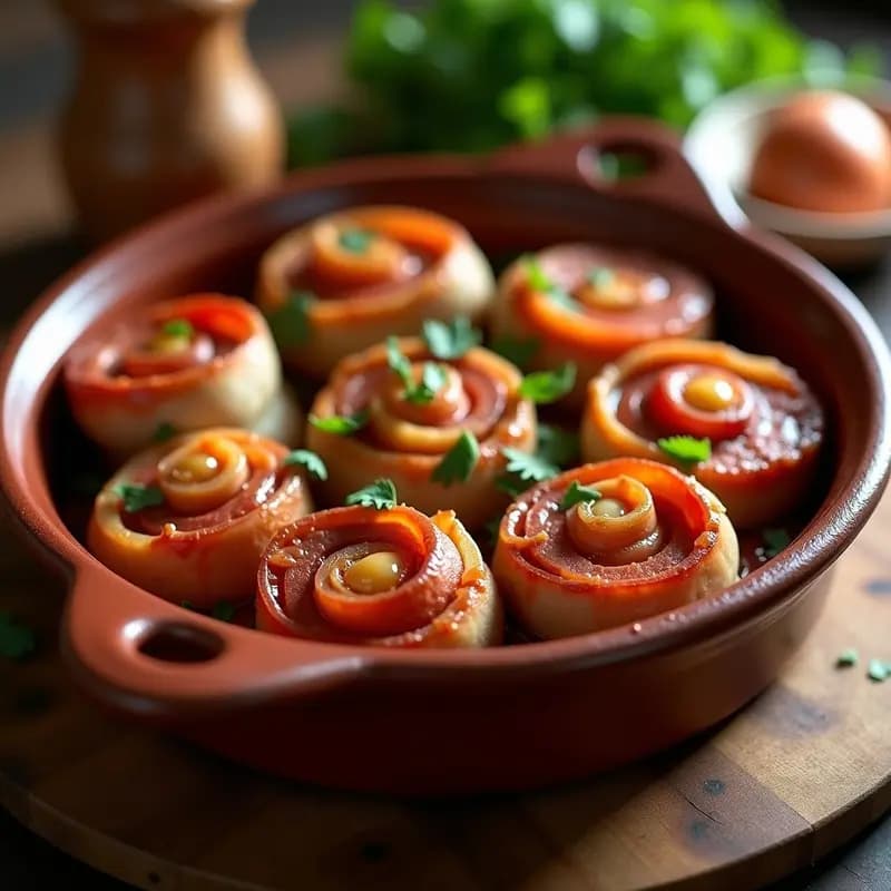 Fuente de barro con Morcones a la Jiennense, rollitos de lomo rellenos de chorizo y tocino, dorados al horno, bañados en su jugo y acompañados de cebolla caramelizada.