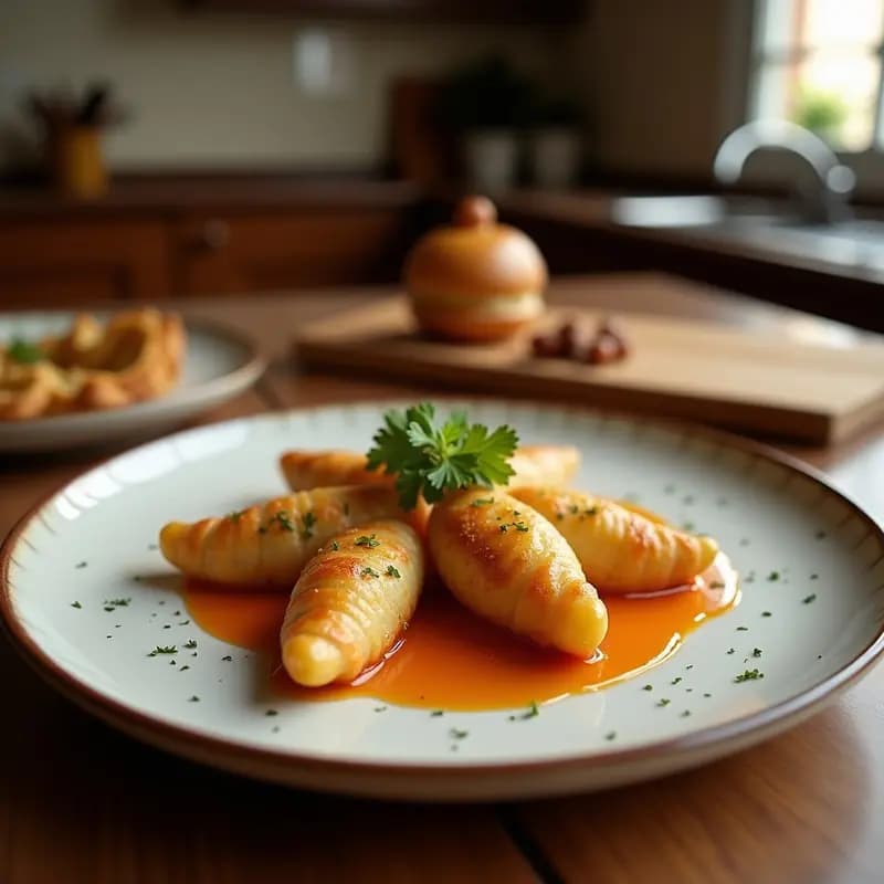 Plato rústico de madera con morcones de pringá con patata dorados, decorados con rodajas de huevo duro y perejil fresco, típico tapa sevillana de aprovechamiento.