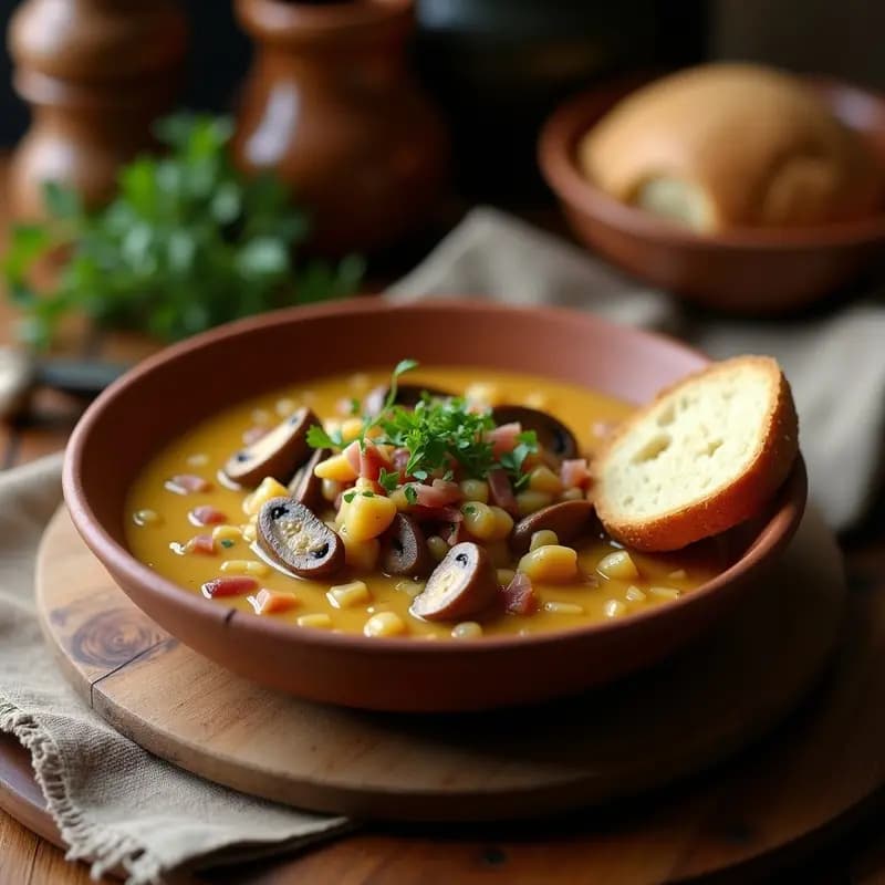 Plato hondo de barro con morillas en salsa de jamón y ajo, setas doradas bañadas en una salsa espesa con trocitos de jamón serrano, decorado con perejil fresco y servido con pan rústico para mojar.