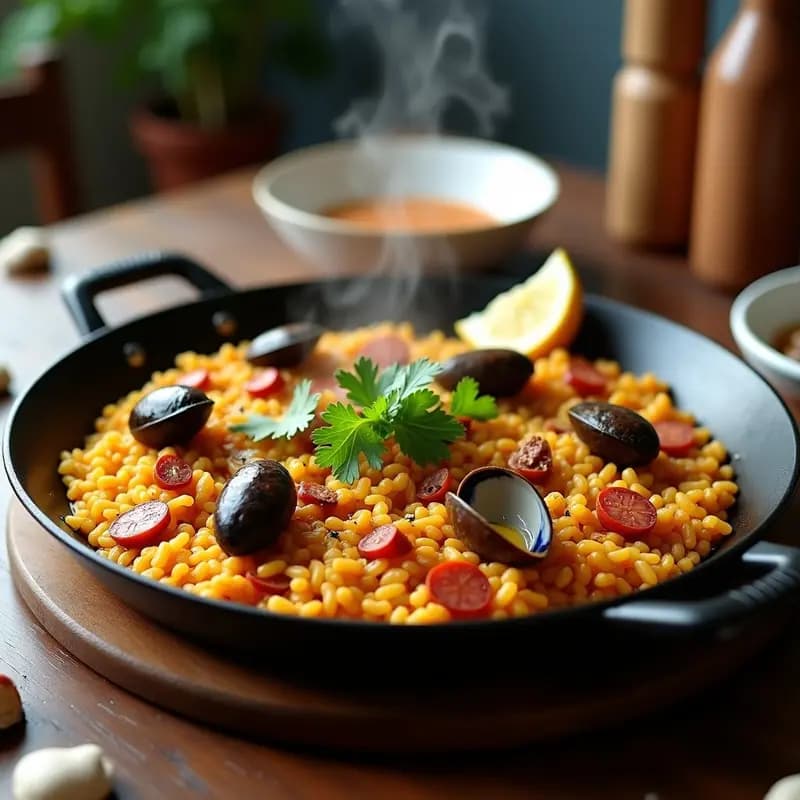 Paellera humeante con Moro y Cristiano de almejas y arroz, donde se ven las almejas abiertas, trozos de morcilla y chorizo sobre un arroz dorado y esponjoso, decorado con perejil fresco y gajos de limón.