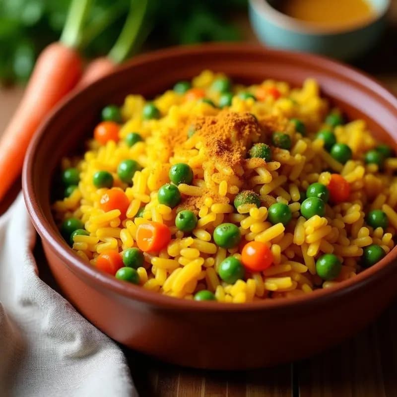 Cazuela de barro con moro de guisantes y zanahoria vegano, arroz dorado por la cúrcuma, guisantes verdes y zanahoria rallada. Plato tradicional canario con toque especiado, servido con un hilo de aceite de oliva.
