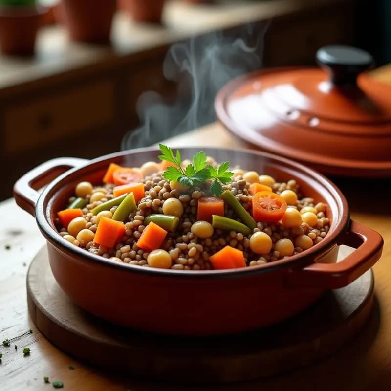 Olla de barro humeante con moro murciano de arroz, lentejas pardinas y garbanzos, mezclado con zanahoria, pimiento y tomate, servido en un plato hondo de cerámica tradicional.