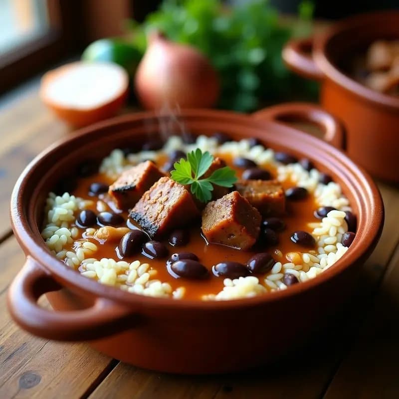 Cazuela de barro humeante con Moros y Cristianos con Costillas: arroz blanco mezclado con alubias negras y trozos de costillas de cerdo jugosas, acompañadas de un sofrito dorado. Plato tradicional cubano-español servido en porción generosa.