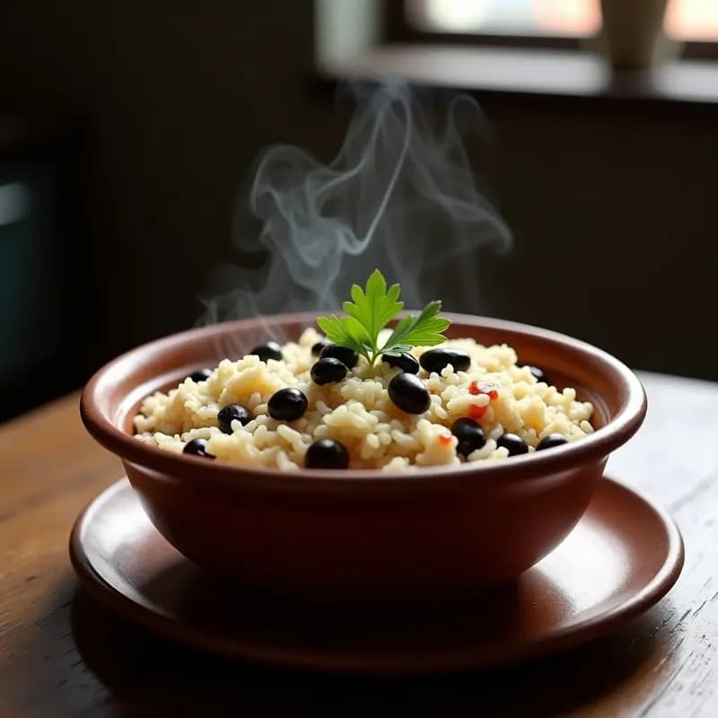 Plato hondo de barro con Moros y Cristianos: arroz blanco mezclado con alubias negras, aromatizado con pimentón y laurel, servido humeante en una olla rústica.