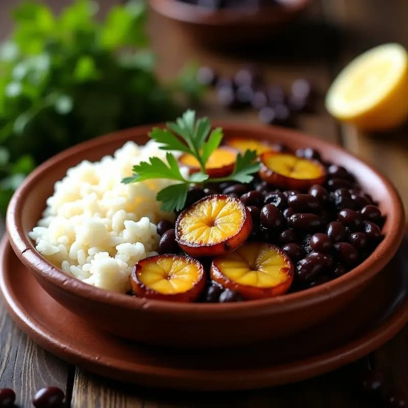 Plato hondo de barro con Moros y Cristianos veganos: arroz blanco esponjoso acompañado de frijoles negros estofados con rodajas de plátano maduro caramelizado, decorado con cilantro fresco y un toque de especias.