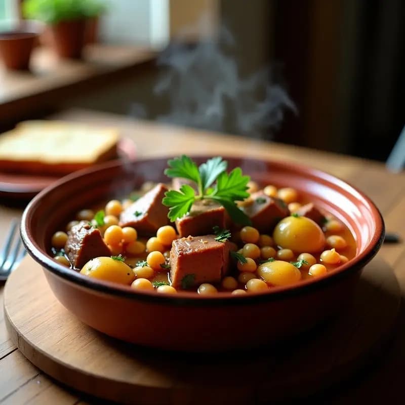 Estofado andaluz de morro de cerdo con garbanzos en olla de barro, trozos tiernos de carne, patatas y garbanzos bañados en una salsa espesa y dorada, servido en plato hondo rústico.