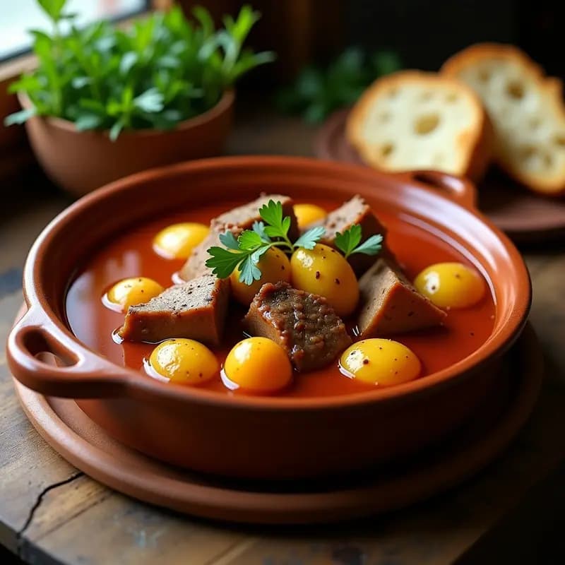 Cazuela de barro con morro de cerdo estofado, patatas enteras doradas y un toque de pimentón espolvoreado, típico plato murciano de aprovechamiento.