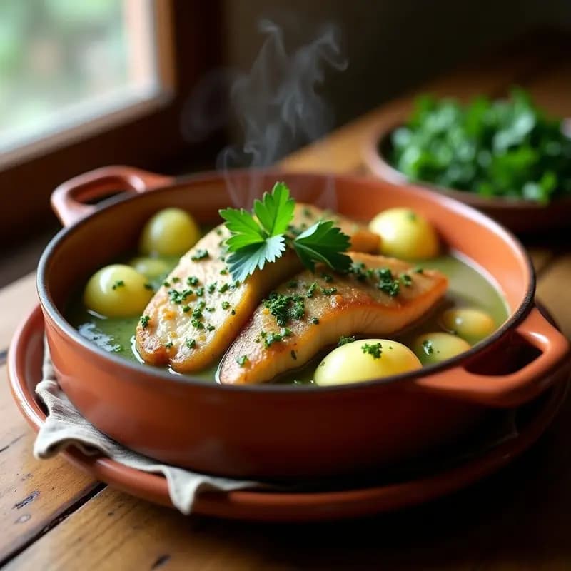 Cazuela de barro humeante con morros de atún dorados, patatas en rodajas y salsa verde espesa, decorada con perejil fresco. Plato tradicional gaditano de pescado en salsa verde con patatas.