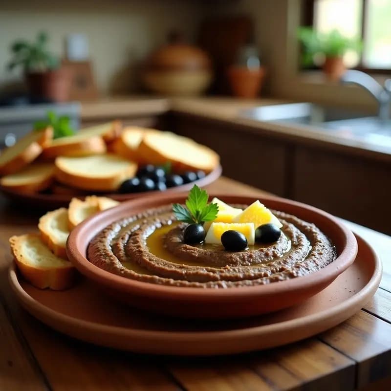 Paté tradicional morteruelo de Jaén en cuenco de barro, con textura cremosa y trozos de huevo duro, acompañado de rebanadas de pan tostado y aceitunas sobre mesa rústica de madera.
