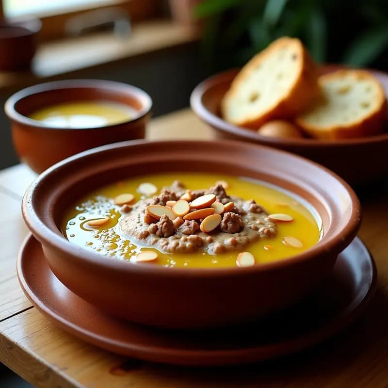 Bol de barro humeante con morteruelo murciano, paté caliente de carne y pan para untar, acompañado de rebanadas de pan tostado y crackers sobre una mesa rústica de madera.