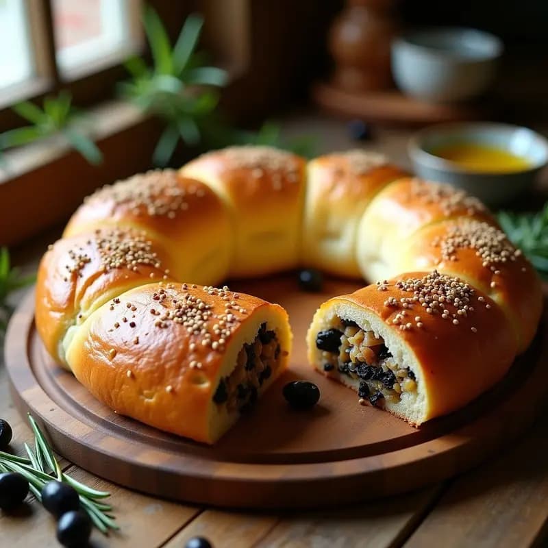 Moullefougasse Provenzal dorado y esponjoso con relleno de aceitunas negras y anchoas, horneado a la perfección, sobre una tabla de madera rústica con hierbas provenzales esparcidas.