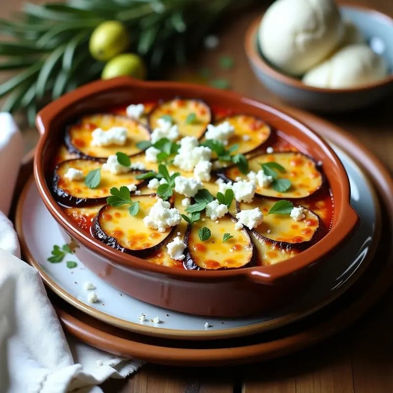 Mousaka griega keto en fuente de horno con capas visibles de berenjena asada, carne de cordero especiada y bechamel de garbanzos dorado, espolvoreado con queso feta y perejil fresco.