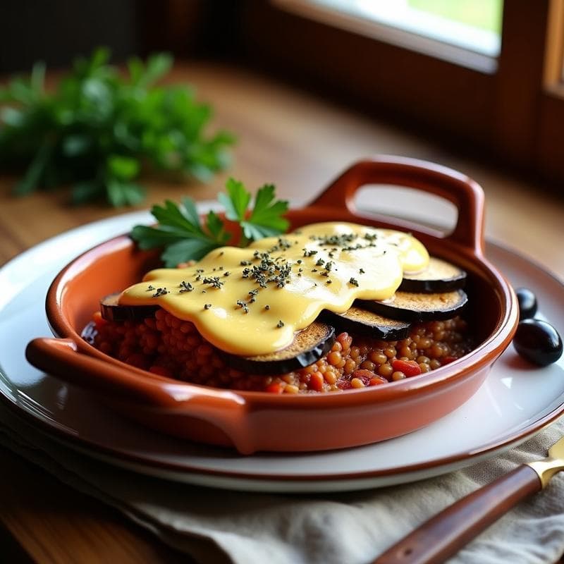 Mousaka griega vegana en fuente de barro: capas de berenjena asada, lentejas pardinas estofadas con tomate y especias, y bechamel cremosa de anacardos dorada al horno. Acompañada de aceitunas y hierbas frescas.