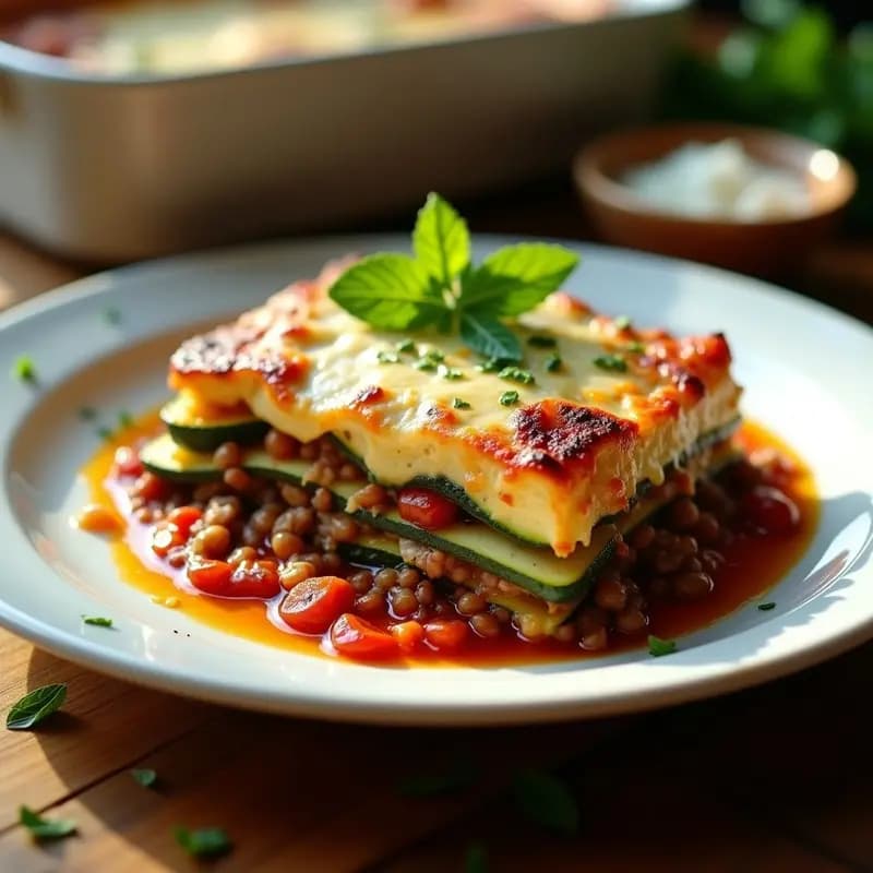 Mousaka griega de calabacín y carne de cordero en fuente de horno rectangular, con capas visibles de calabacín asado, carne especiada y bechamel dorada con queso kefalotyri. Acompañada de hojas de menta fresca y un hilo de aceite de oliva.