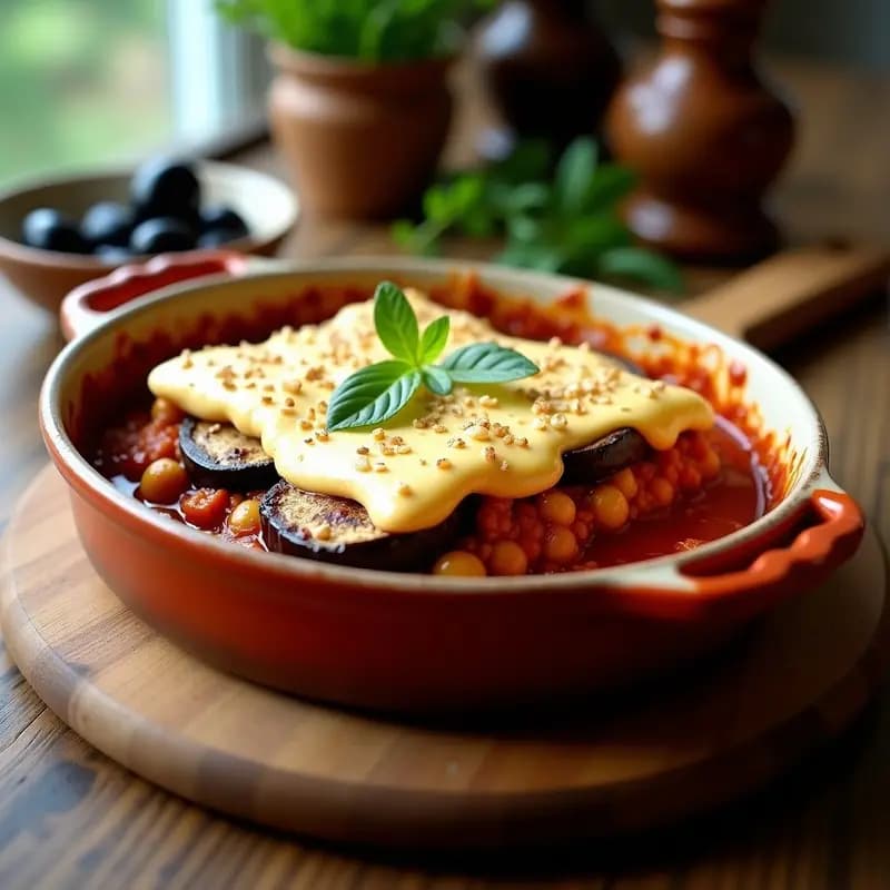 Mousaka griega vegana en fuente de barro con capas visibles de berenjena asada dorada, sofrito de garbanzos con tomate y bechamel cremosa de coco espolvoreada con semillas de sésamo. Plato tradicional reinventado con toque ahumado.