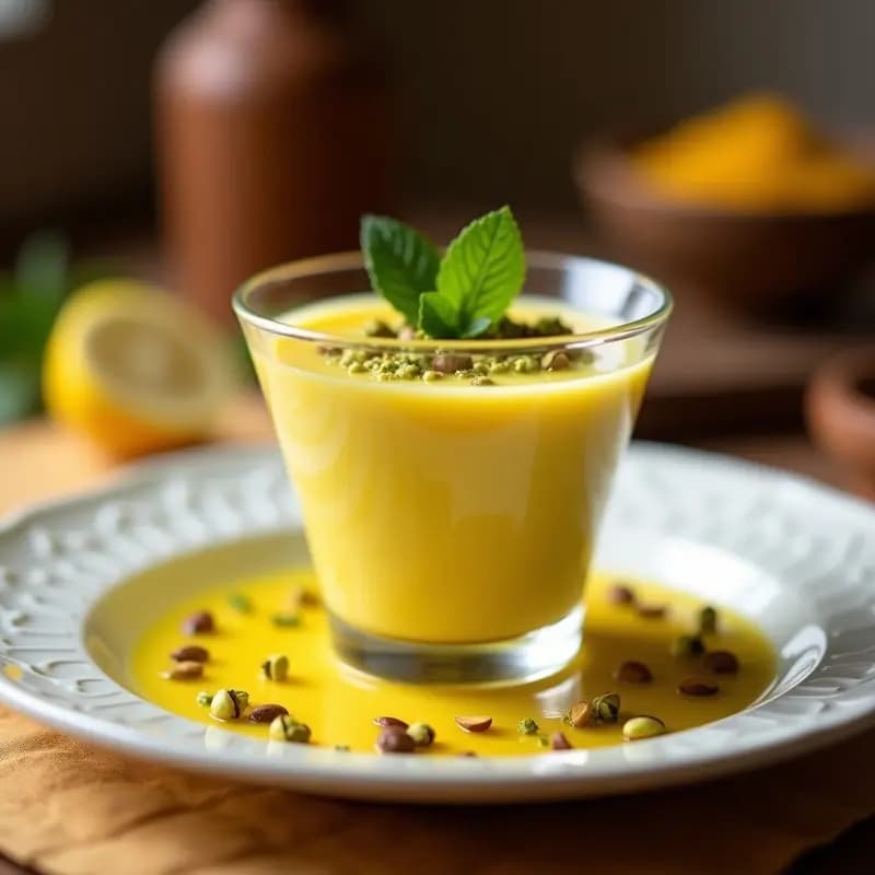 Moussa de limón y cúrcuma en copa de cristal transparente, con textura sedosa y color amarillo pálido, decorada con pistachos picados y una hoja de menta, postre marroquí vegano y antiinflamatorio.
