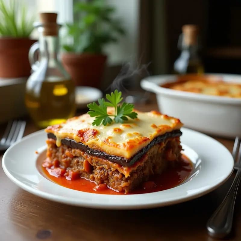 Moussaka griega tradicional en fuente de barro, con capas visibles de berenjena asada, carne de cordero especiada y bechamel de almendras dorada sin lactosa, servida en porción cuadrada con hierbas frescas.