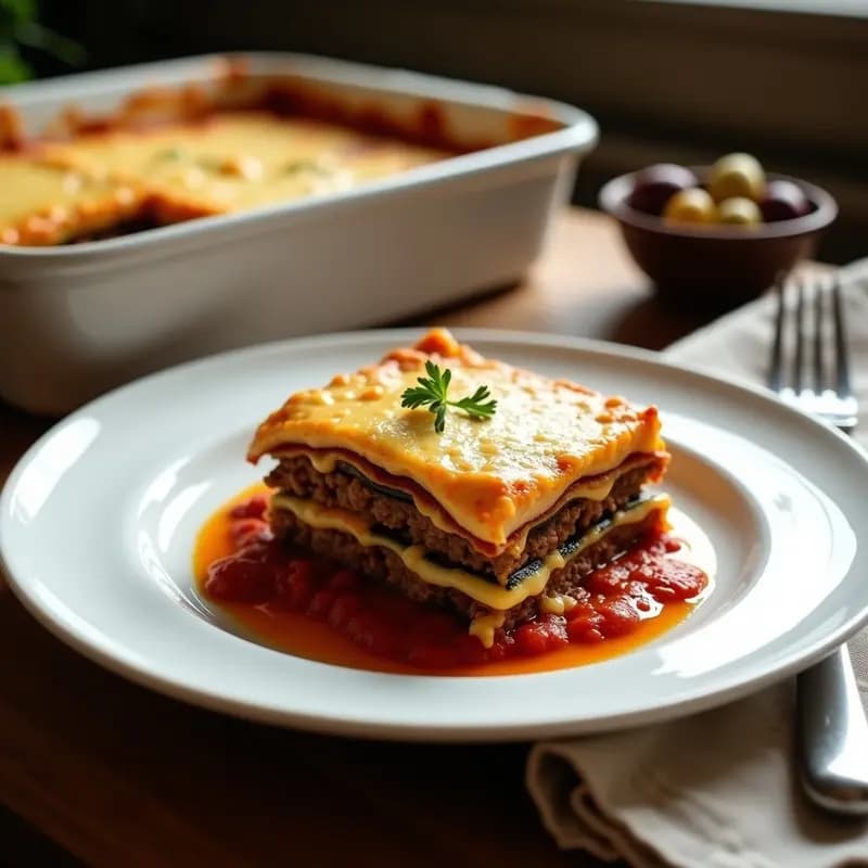 Moussaka griega auténtica en fuente de horno, con capas visibles de berenjena asada, cordero especiado y bechamel dorada de queso de cabra, servida en porción cuadrada con hierbas frescas.
