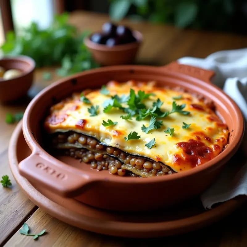 Moussaka vegana griega en fuente de horno con capas visibles de berenjena asada dorada, ragú de lentejas especiado y bechamel cremosa de anacardos gratinada. Acompañada de perejil fresco picado y servir en porción cuadrada sobre plato blanco rústico.