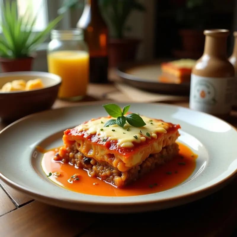 Moussaka egipcia vegana en molde de barro, con capas visibles de berenjena asada dorada, lentejas estofadas con especias y crema de anacardos suaves. Decorada con cilantro fresco y un toque de canela espolvoreada. Plato tradicional con toques orientales.