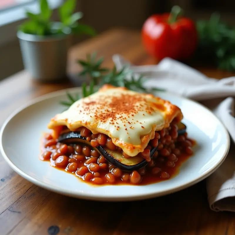 Fuente de horno rectangular con moussaka vegana en capas: rodajas de berenjena asada dorada, relleno espeso de lentejas rojas con especias y bechamel de avena cremosa y gratinada por encima. Decorada con un toque de pimentón ahumado y servida con un fondo rústico de madera.