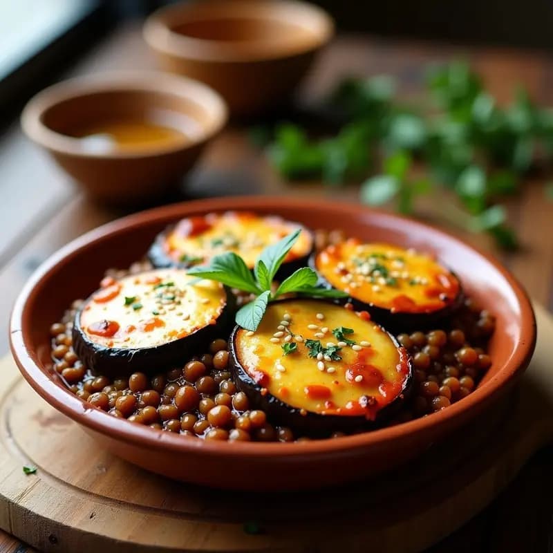 Moussaka vegetariana en fuente de barro con capas visibles de berenjena asada, lentejas pardinas estofadas y bechamel de garbanzo dorada, decorada con perejil fresco y semillas de sésamo, receta sin queso.