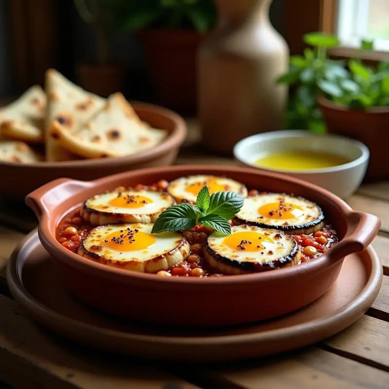 Moussaka Egipcia de Berenjena y Carne Molida en fuente de barro, con capas visibles de berenjena dorada, carne especiada y topping de yogur cremoso espolvoreado con piñones. Decorada con hojas de menta fresca.