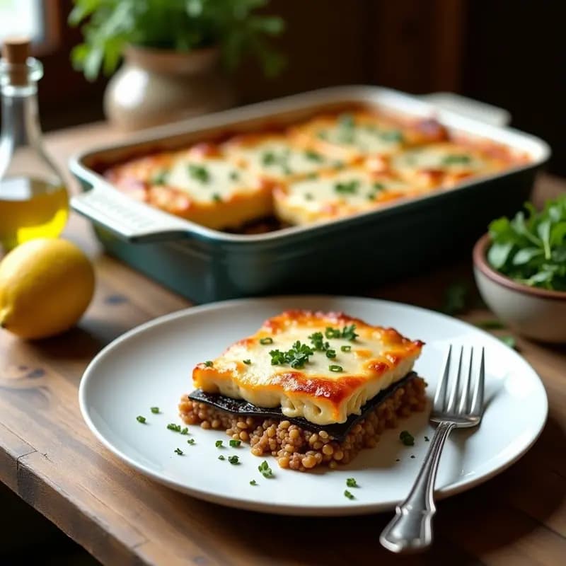Moussaka GriegaLight en fuente de horno rectangular, con capas visibles de berenjena asada dorada, picadillo de pavo especiado y bechamel ligera de yogur griego gratinada. Acompañada de perejil fresco picado y servida en porción individual sobre plato blanco.