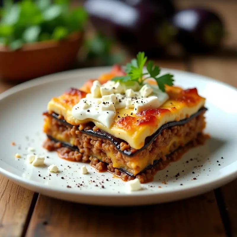 Plato hondo de cerámica blanca con moussaka griega sin horno en capas: berenjena dorada, carne picada especiada y bechamel cremosa sin lactosa. Decorada con piñones tostados y un toque de pimentón por encima.
