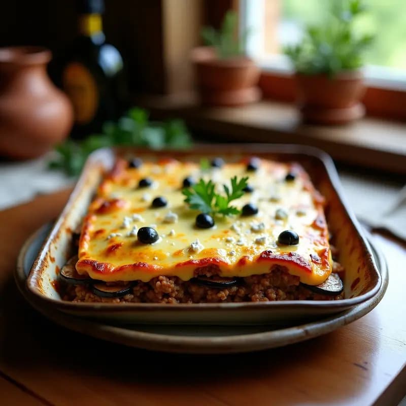 Moussaka griega sin gluten en fuente de horno rectangular, con capas visibles de berenjena asada, carne especiada y bechamel cremosa de garbanzos dorada. Decorada con perejil fresco, aceitunas kalamata y queso feta desmenuzado, sobre fondo rústico de madera.