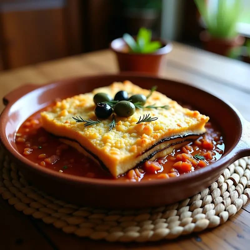 Moussakarie Griega vegana en fuente de barro: capas doradas de berenjena asada, guiso espeso de lentejas pardinas con tomate y hierbas, y superficie crujiente de pan rallado con semillas de sésamo. Acompañada de aceitunas Kalamata y un hilo de aceite de oliva virgen extra.