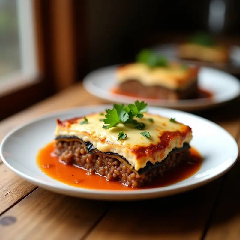 Moussaka vegana estilo griego en porción triangular, con capas visibles de berenjena asada, lentejas especiadas y bechamel cremosa de anacardos, decorada con perejil fresco sobre fondo rústico de madera.