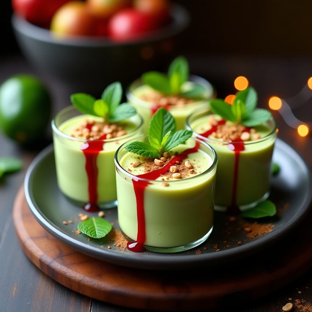 Copas de cristal con mousse de aguacate y cacahuete de color crema, coronadas con salsa de tamarillo rojo brillante, cacahuetes picados y hojas de menta, sobre fondo rústico de madera oscura. Postre colombiano keto y sin lactosa.