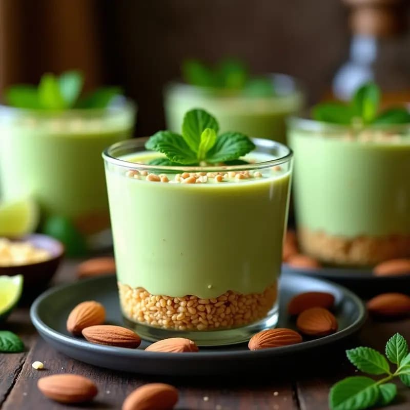 Copas de cristal transparente con mousse de aguacate y lima de color verde pálido, base dorada de galletas de almendra trituradas, decorado con hojas de hierbabuena y semillas de ajonjolí. Postre peruano sin lácteos sobre fondo rústico de madera.