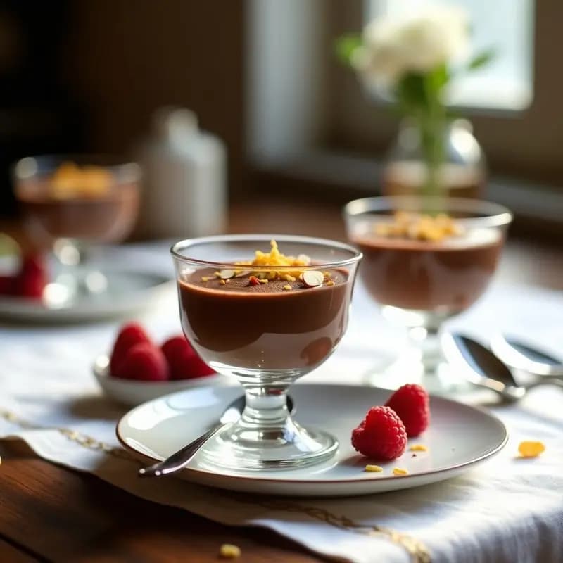 Copas de cristal transparente con mousse de chocolata y aguacate vegano, decoradas con almendras fileteadas y ralladura de naranja sobre un mantel blanco con detalles dorados, estilo francés elegante.