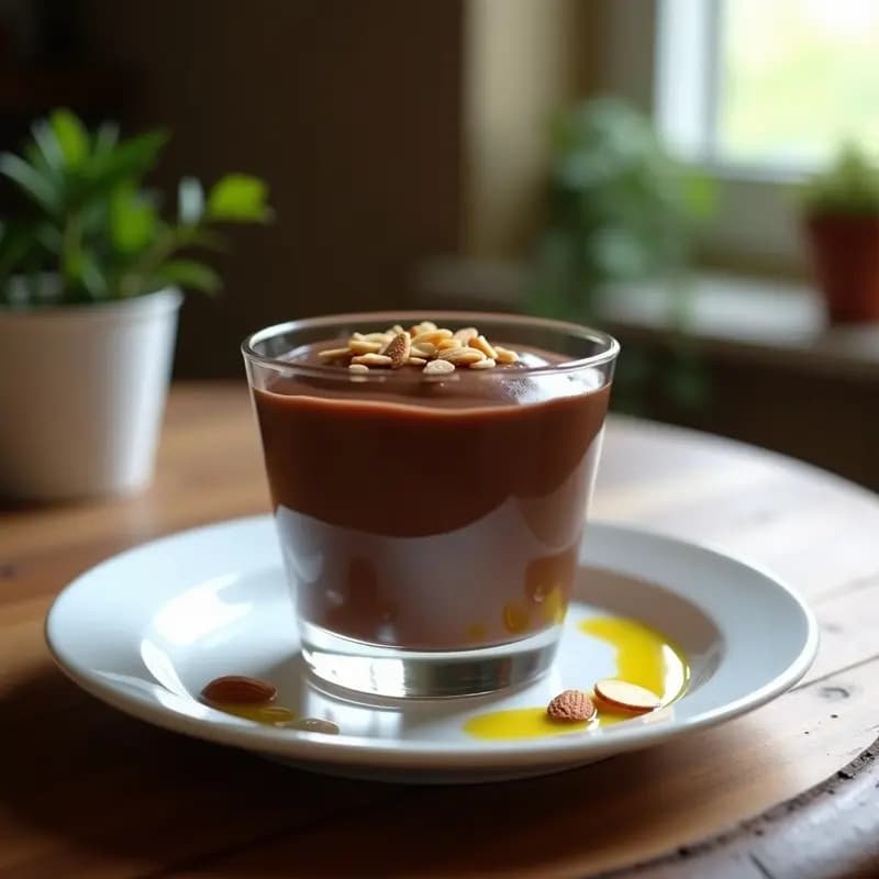 Copa de cristal transparente con mousse de chocolate negro brillante y sedosa, coronada con almendras fileteadas tostadas y un hilo de aceite de oliva virgen extra. Postre griego sin azúcar y sin lácteos, servido sobre una mesa rústica de madera con luz natural.
