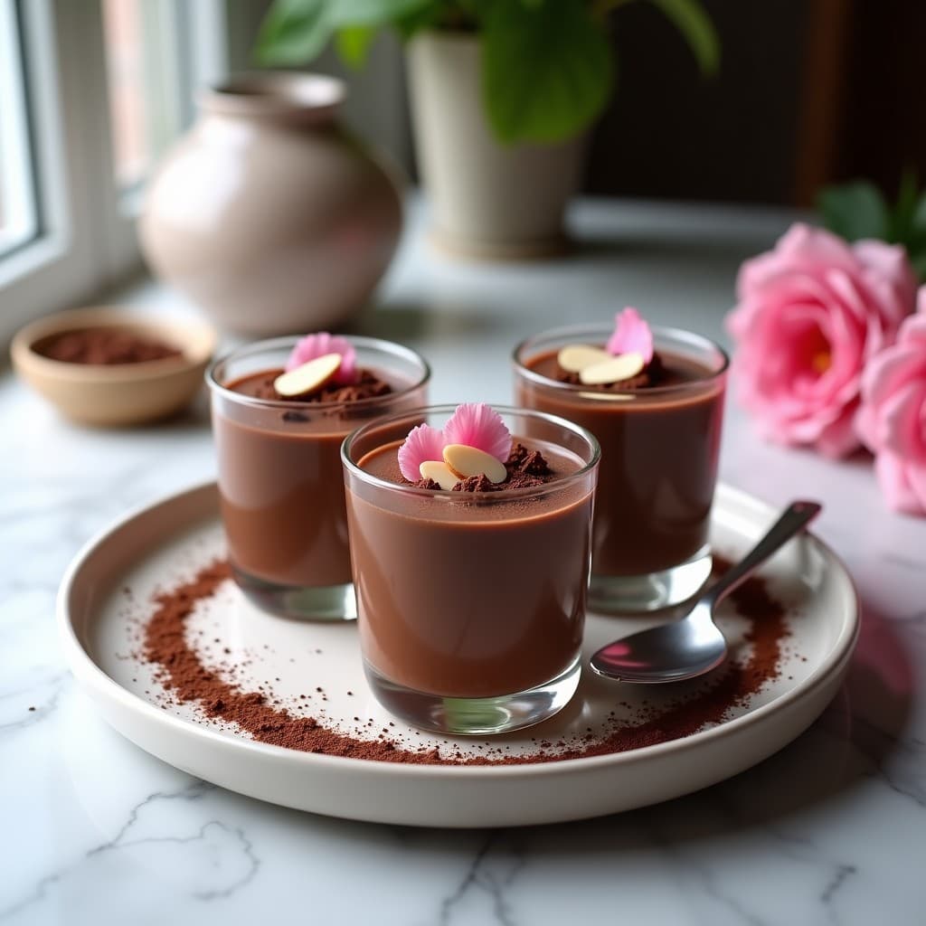 Copas de cristal transparente con mousse de chocolate negro cremosa, decorada con pétalos de rosa comestibles, almendras fileteadas y virutas de chocolate. Postre vegano y gourmet con esencia de rosa.