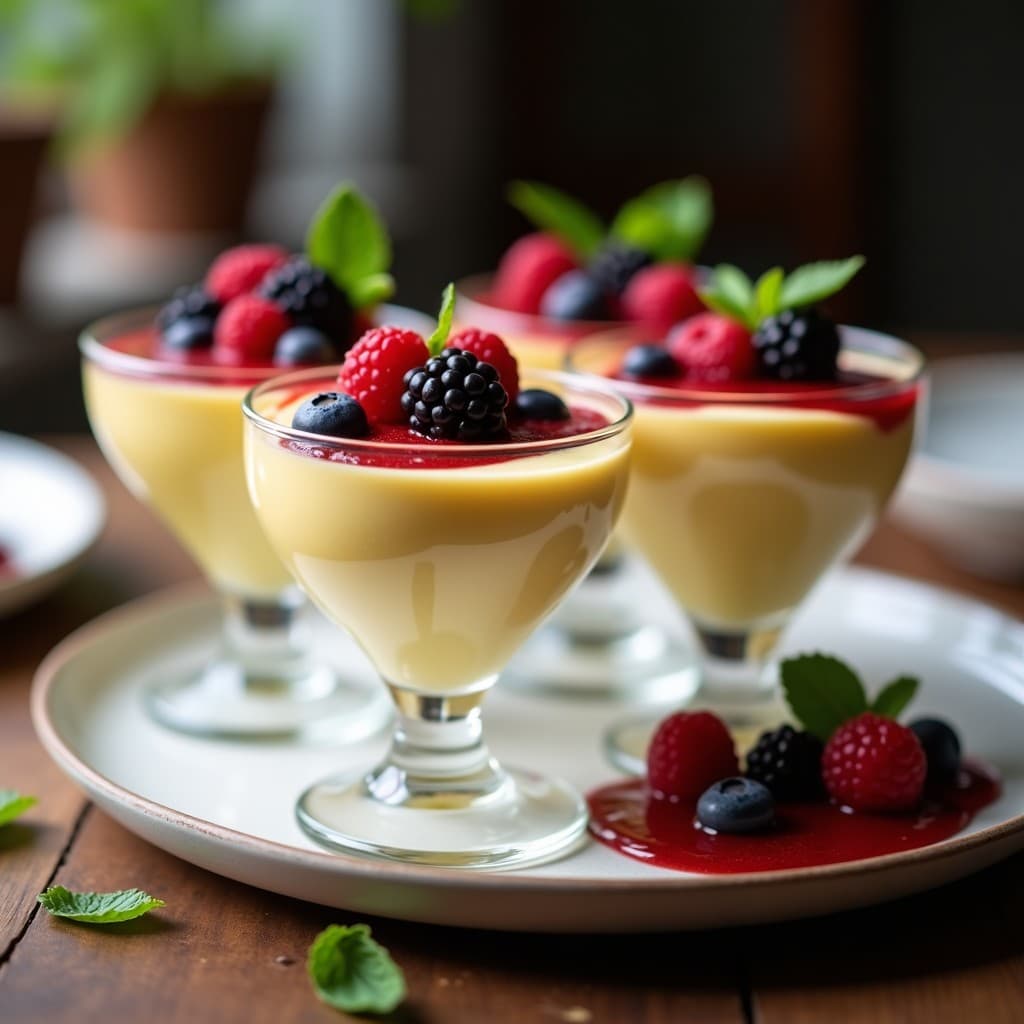 Copas de cristal transparente con mousse de chocolate amarillo cremosa y aireada, coronada con coulis de frutos rojos brillantes y frambuesas enteras. Postre colombiano sin lácteos ni azúcar, servido sobre una mesa de madera rústica con hojas de menta fresca.