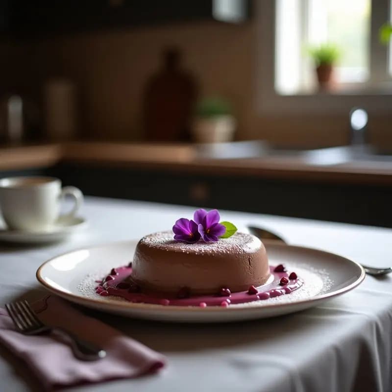 Copas de cristal transparente con mousse de chocolate negro y aquafaba, coronada con flores de violeta comestibles moradas. Textura sedosa y aireada, fondo borroso con detalles de cacao en polvo y luz natural suave.