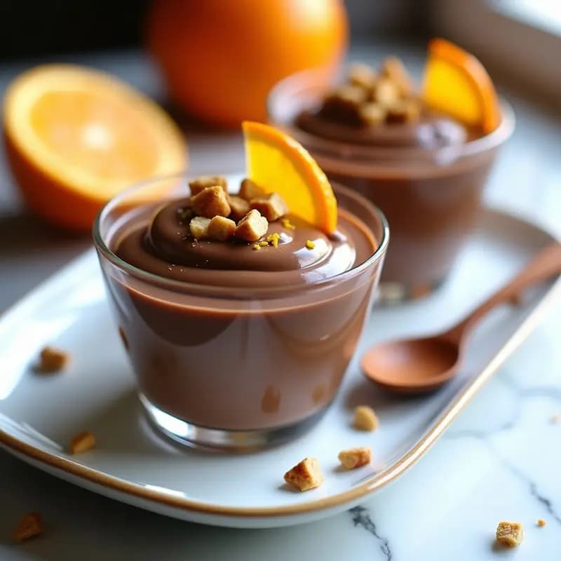 Copas de cristal transparente con mousse de chocolate avellana y naranja vegana, decorada con avellanas tostadas picadas y ralladura de naranja, sobre fondo blanco con detalles rústicos.